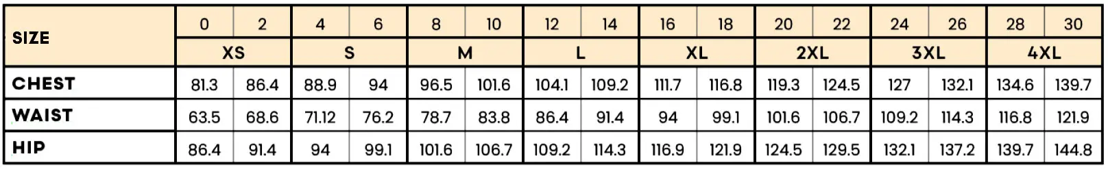 body measurements in centimeters
