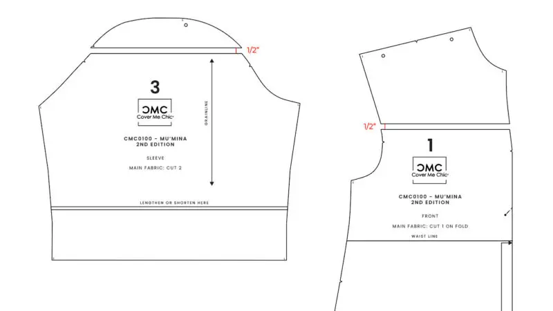Armhole area with selected guide rectangles in red showing the cut-and-shift region
