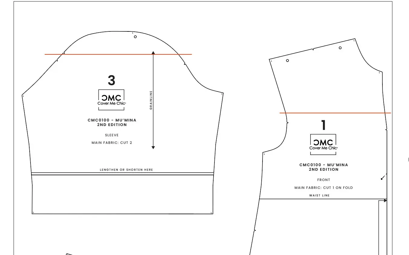 High-resolution screenshot of a bodice pattern with a red horizontal guide box directly across the armhole and cursor pointing at the notch to mark the perpendicular cut line