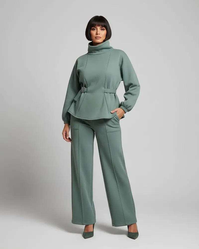 Sage green peplum top sewing pattern with matching wide-leg pants set