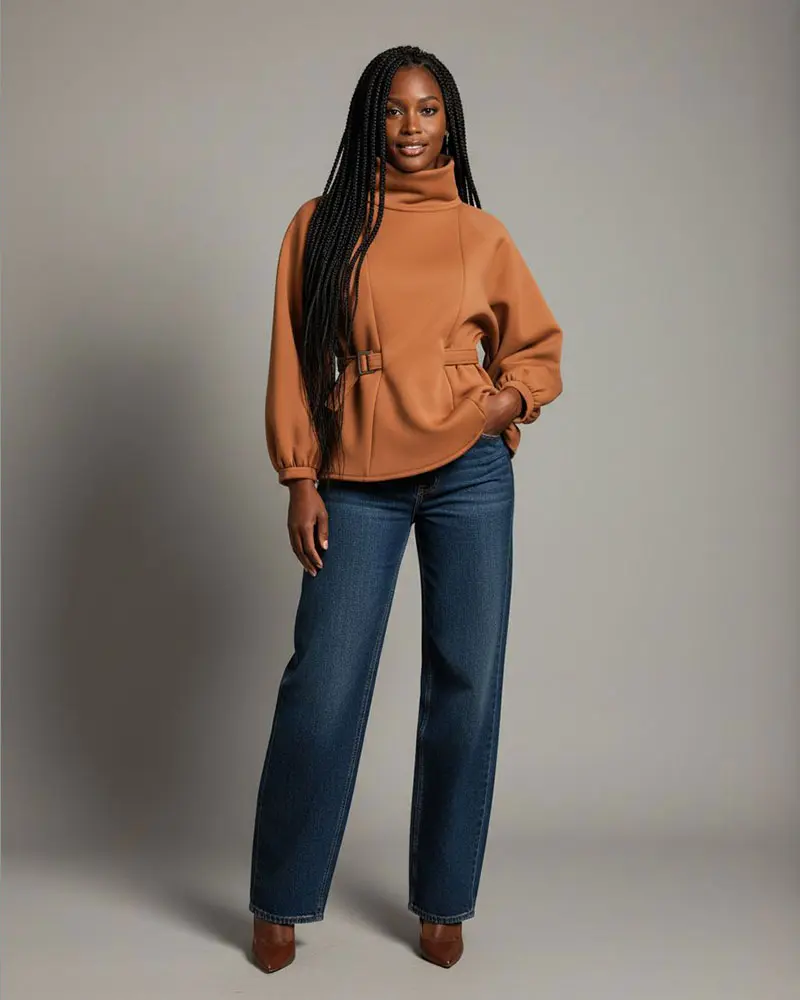 Orange peplum top sewing pattern styled with dark-wash jeans