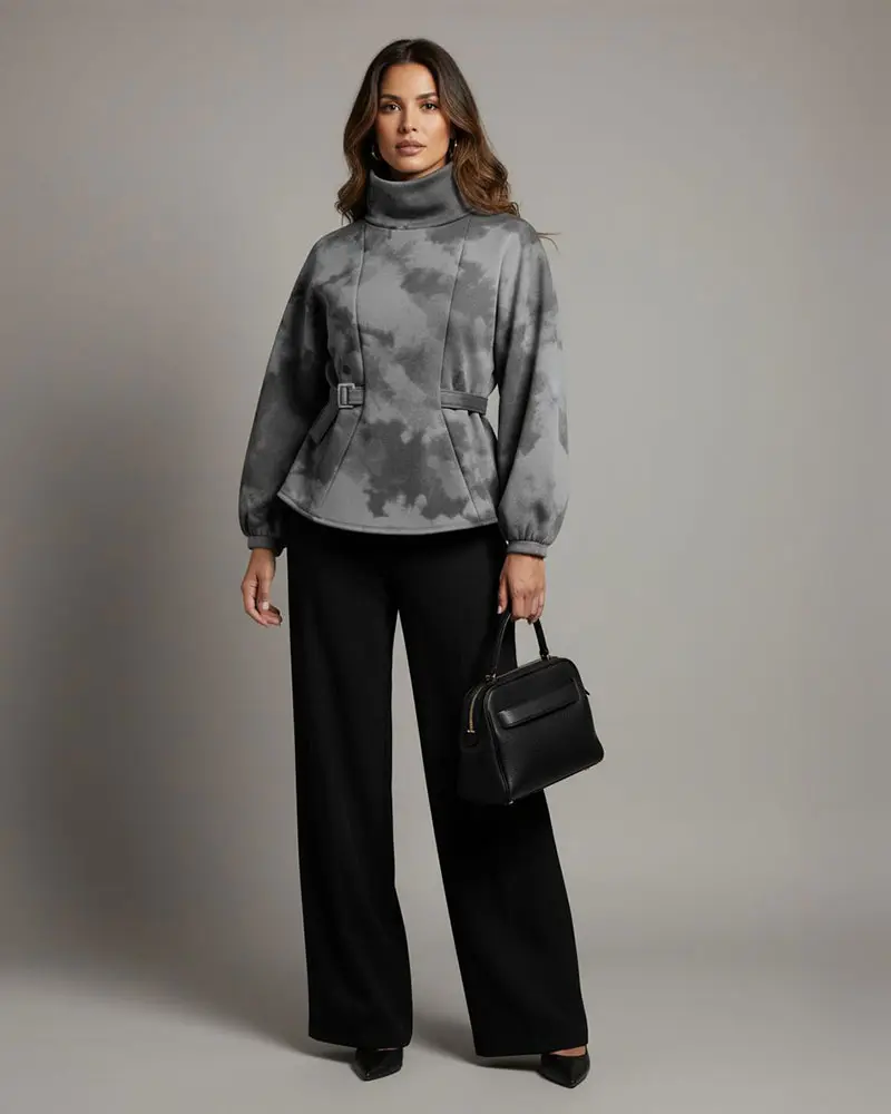 Gray peplum top sewing pattern styled with black trousers and handbag