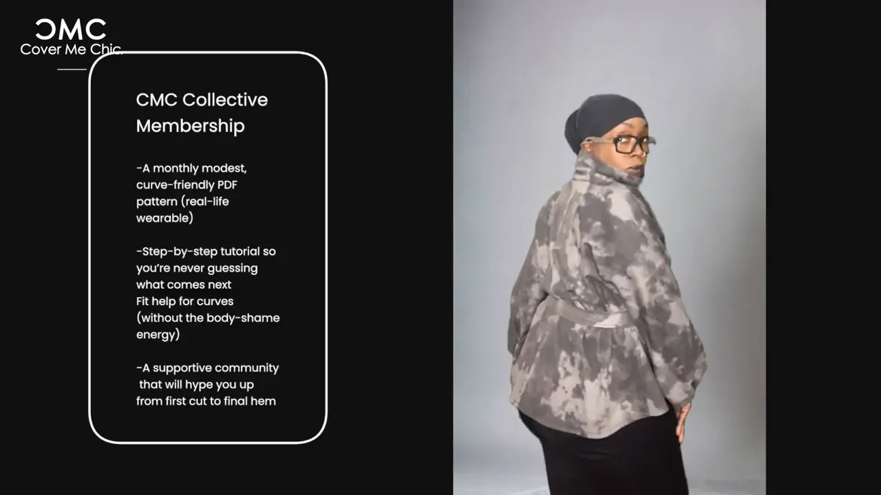 Split-screen slide: left membership text; right rear three-quarter view of a model wearing the peplum top, showing the back hem and belt placement.